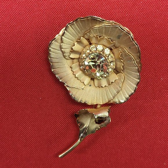 VTG Flower Leaf Brooch Pin Gold Tone Yellow Glass Stone - Picture 10 of 11